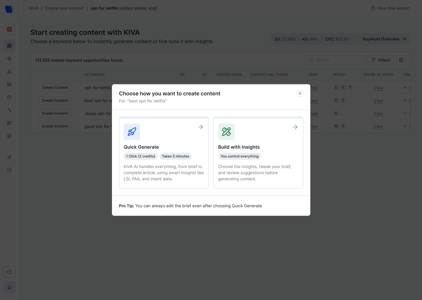 KIVA generation mode modal