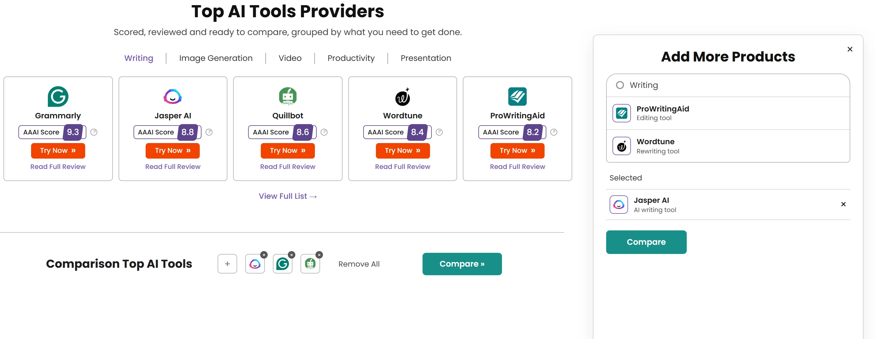 Top AI tools providers with Add More Products compare panel