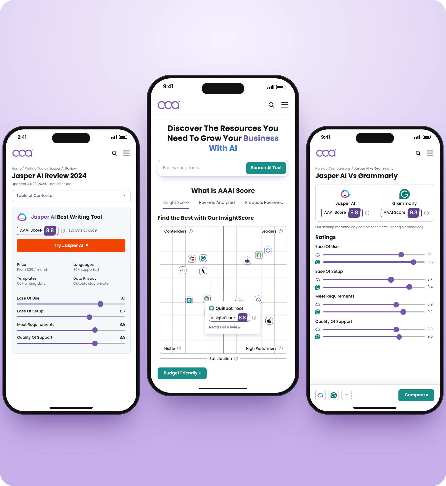 Three mobile adaptation screens: review, homepage and comparison (rebuilt in 2026)
