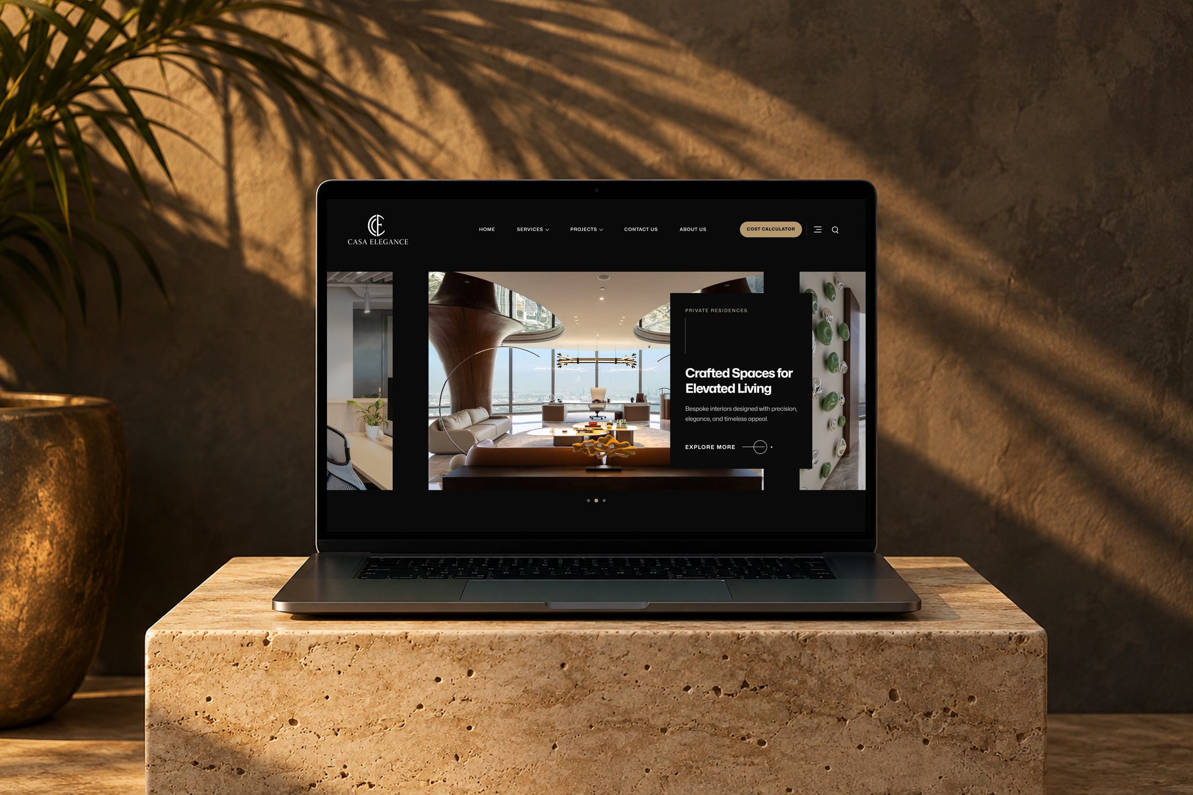 Casa Elegance homepage shown on a laptop in a warm, editorial setting