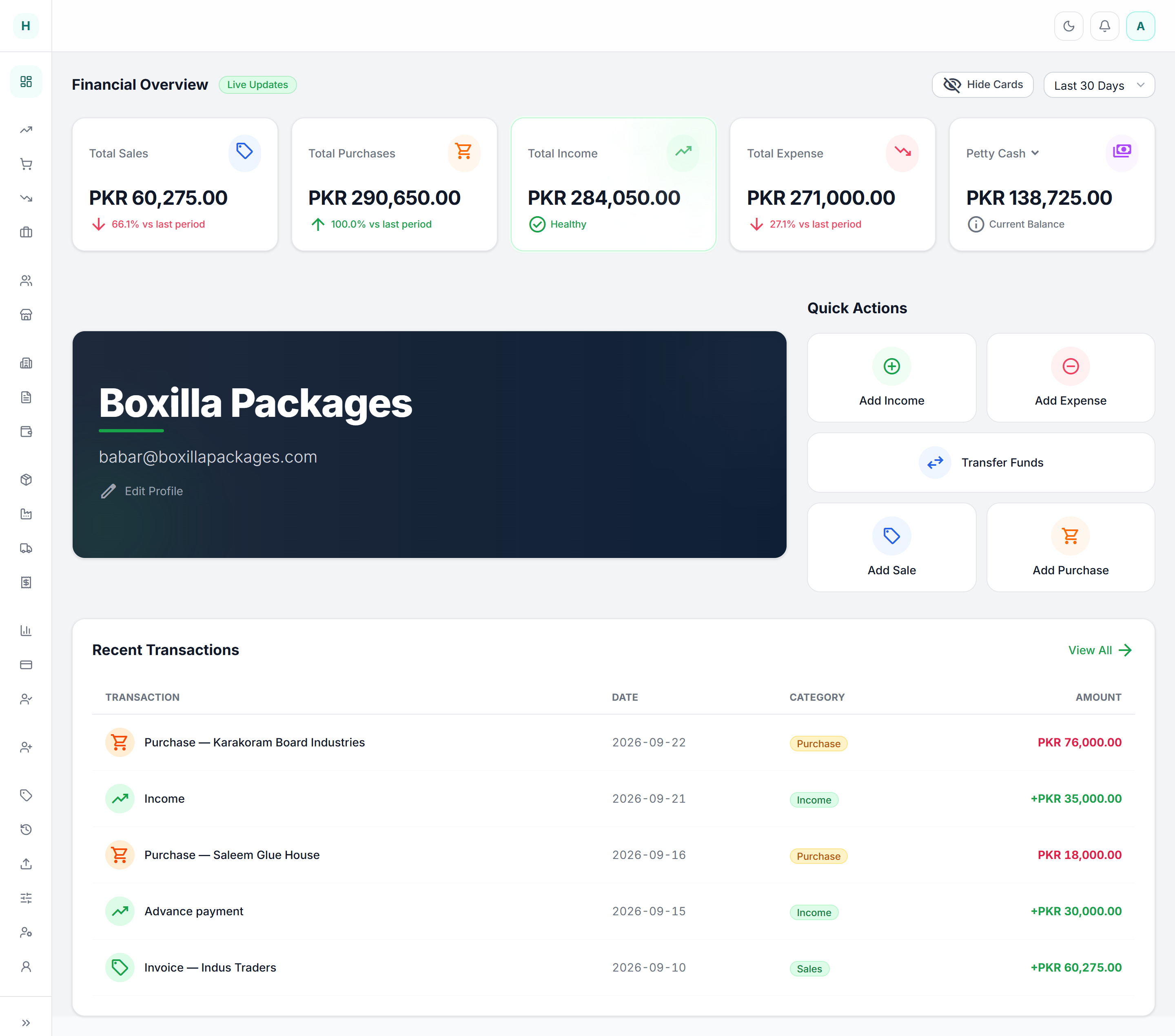 Hisabi dashboard with sales, purchases, income, expense and petty cash cards, quick actions and recent transactions