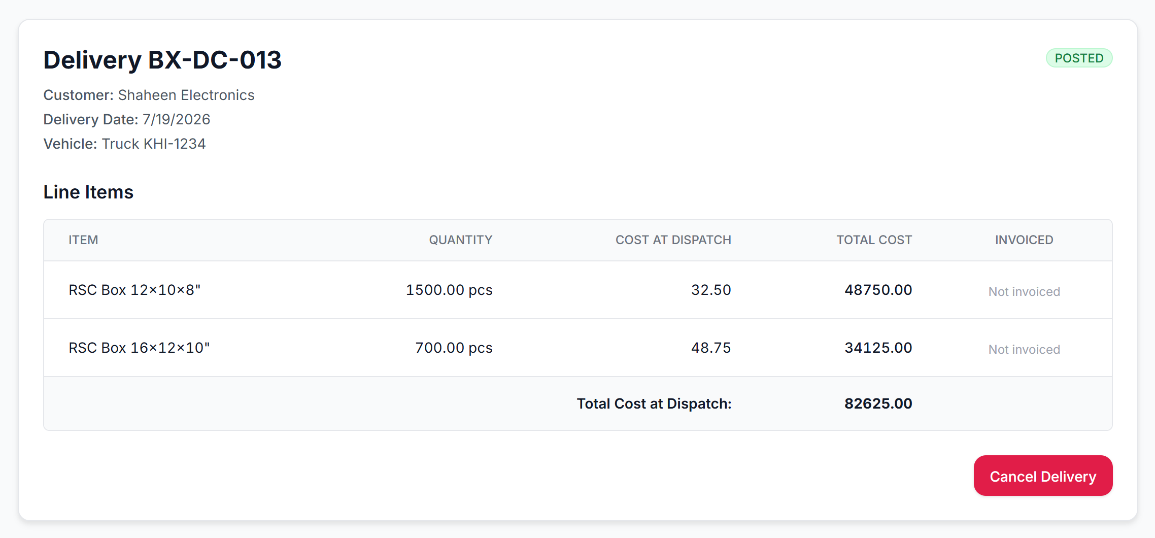 Posted delivery with cost at dispatch per line
