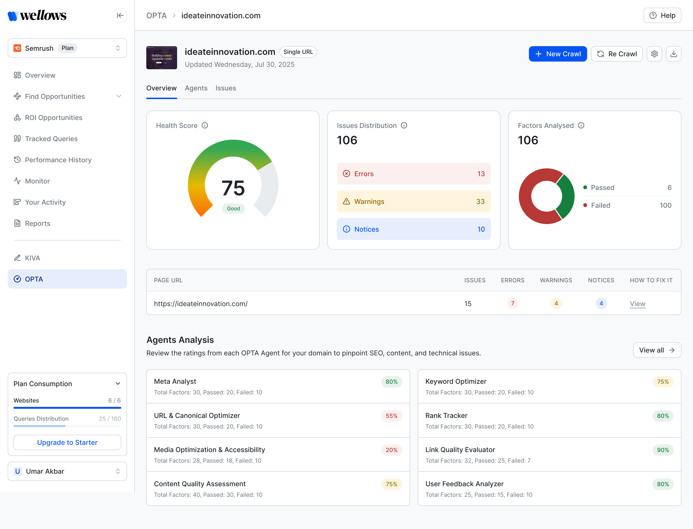 OPTA site audit screen